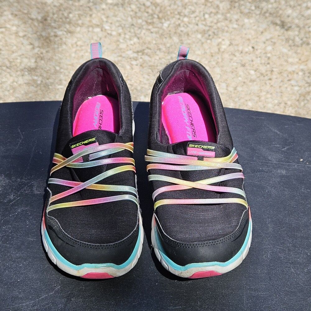 Skechers Memory Foam Flex Shoes Women's 9 Black Slip On Neon Ribbons SN 11964